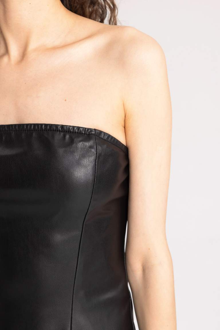 Bodycon Strapless Faux Leather Midi Dress