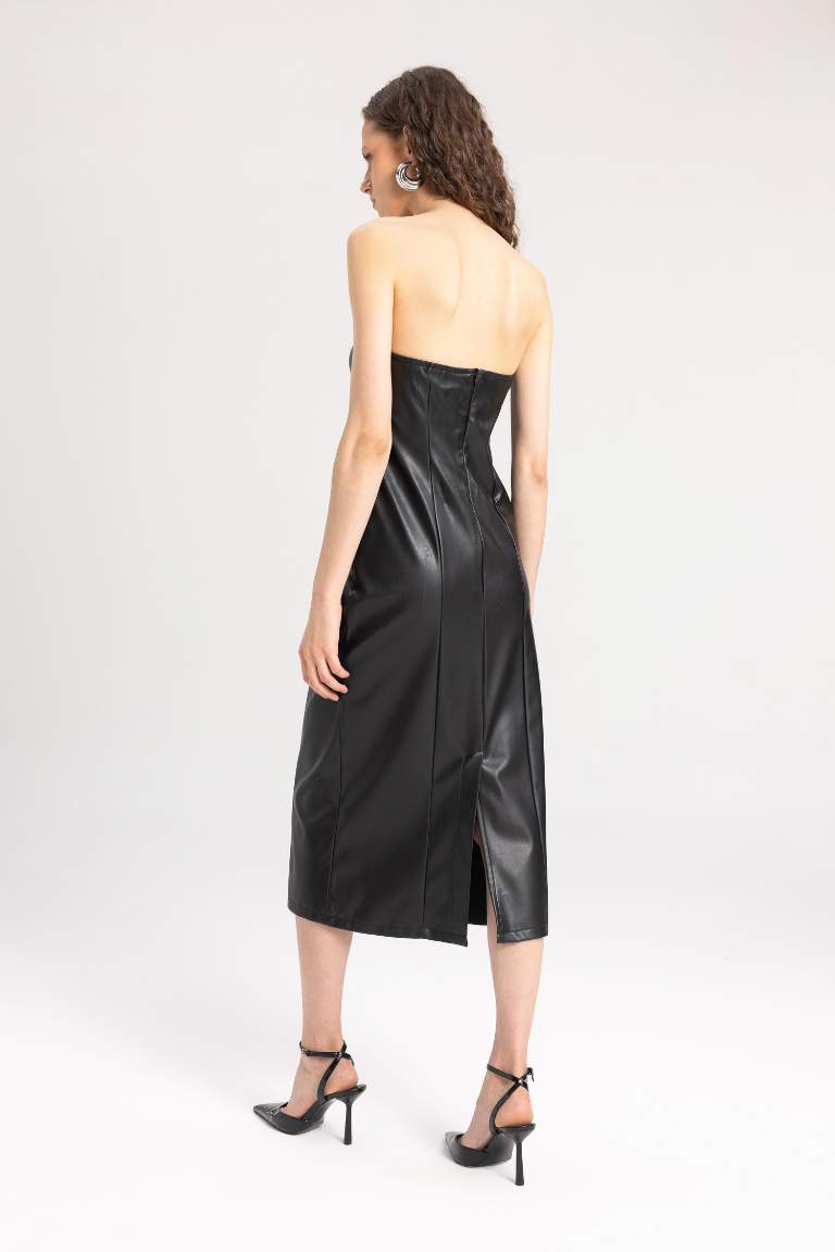Bodycon Strapless Faux Leather Midi Dress
