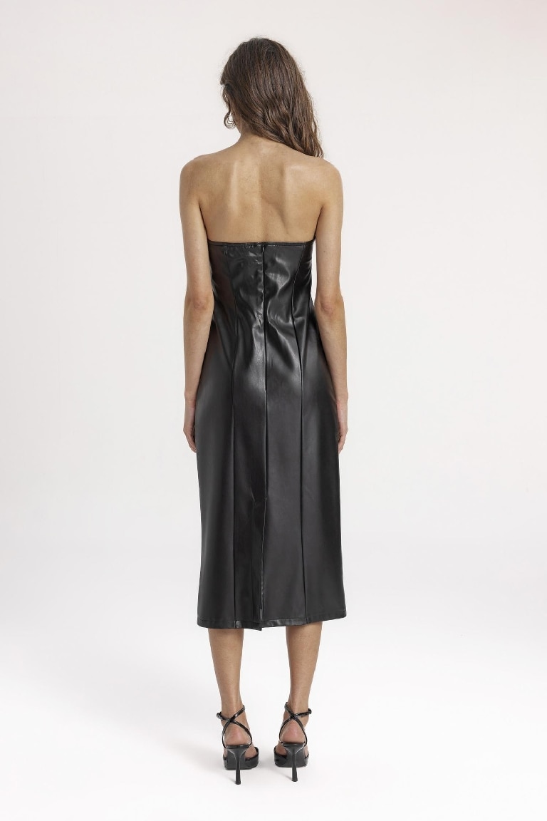 Bodycon Strapless Faux Leather Midi Dress