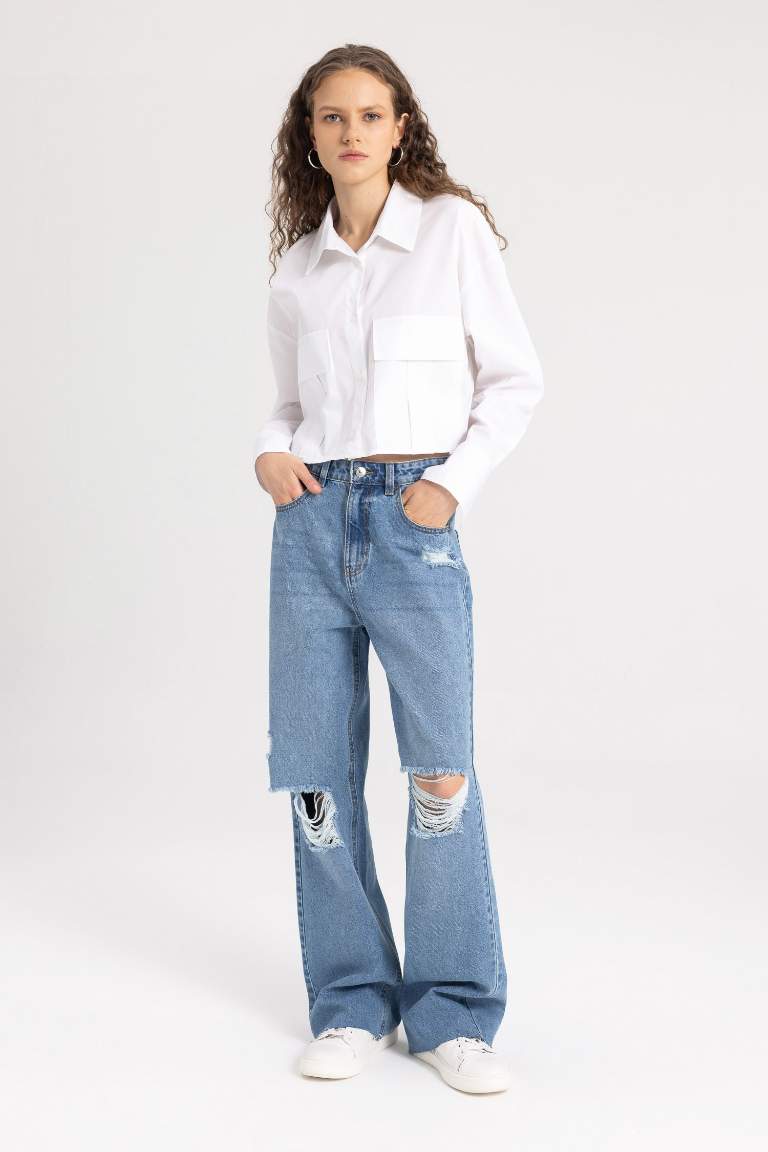 Poplin Basic Long Sleeve Crop Shirt