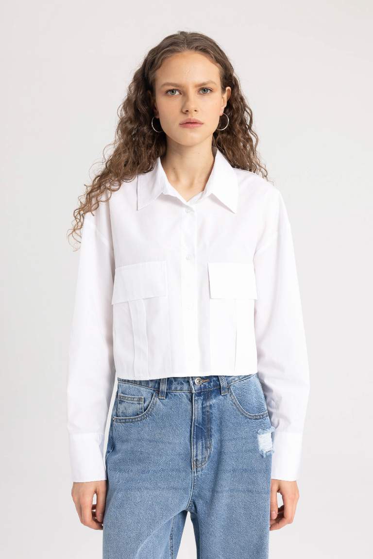 Poplin Basic Long Sleeve Crop Shirt