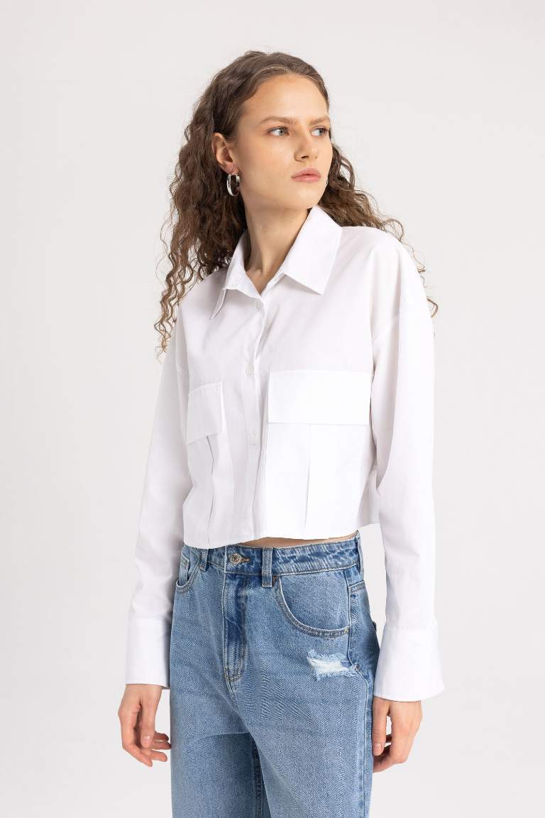 Poplin Basic Long Sleeve Crop Shirt