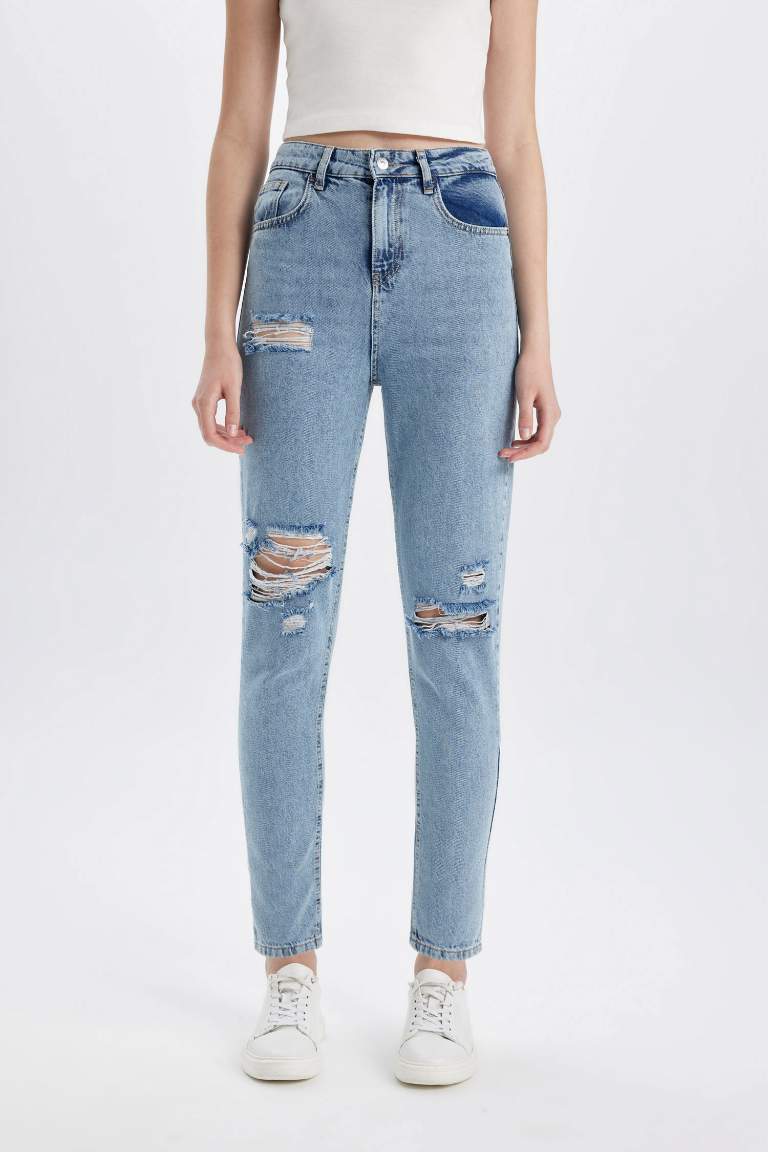 Pantalon Mom Jean Délavé Taille Haute avec Détail Déchiré