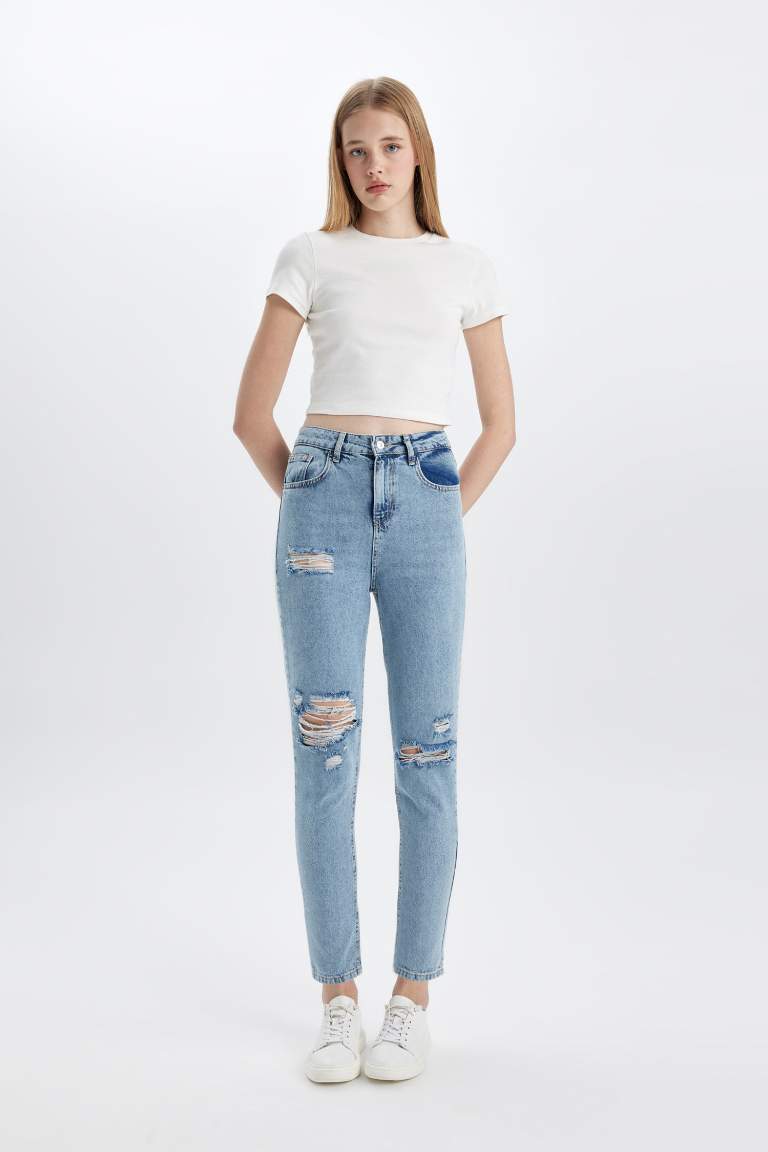 Pantalon Mom Jean Délavé Taille Haute avec Détail Déchiré