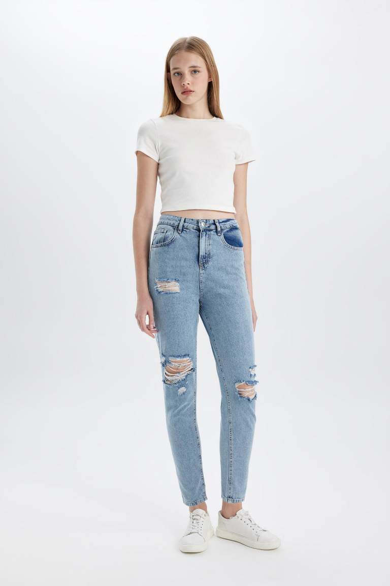 Lina Lina Mom Fit Ripped Detailed High Waist Ankle Length Jeans