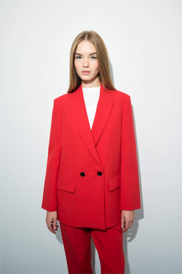 Oversize Geniş Kalıp Ceket Yaka Düğmeli Kırmızı Blazer Ceket