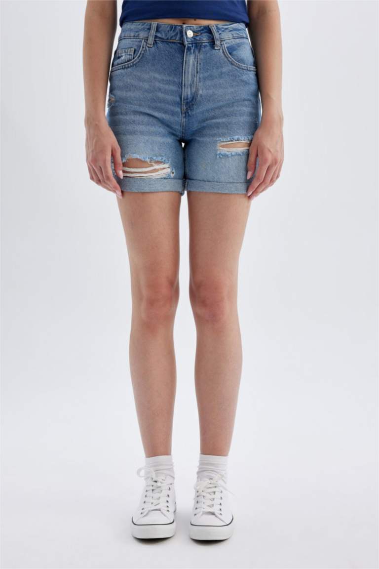 Short Boyfriend en Jean à Taille Haute et Jambes Évasées
