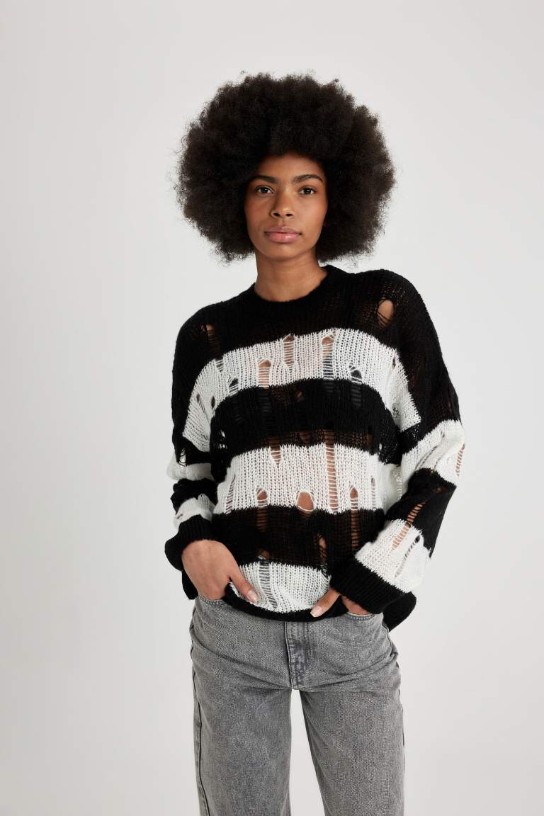 Oversize Fit Striped Crew Neck Openwork Knitted Pullover