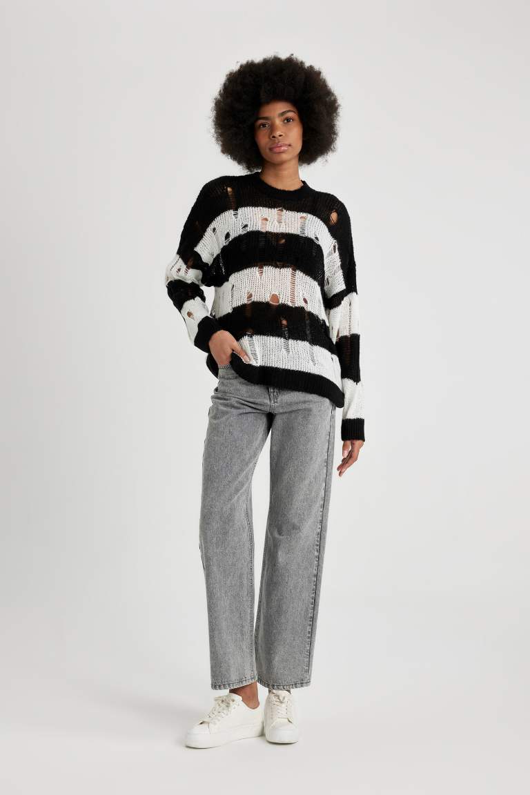 Oversize Fit Striped Crew Neck Openwork Knitted Pullover