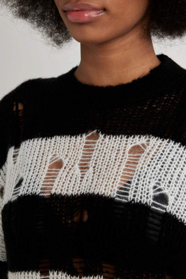 Oversize Fit Striped Crew Neck Openwork Knitted Pullover