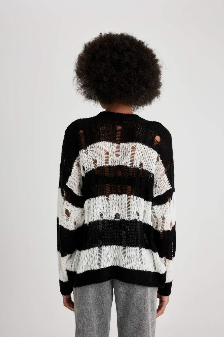 Oversize Fit Striped Crew Neck Openwork Knitted Pullover