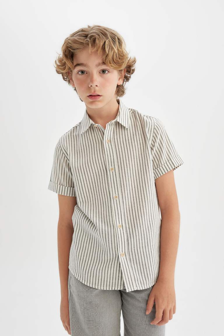 Boy's Regular Fit Polo Neck Linen Blend Shirt