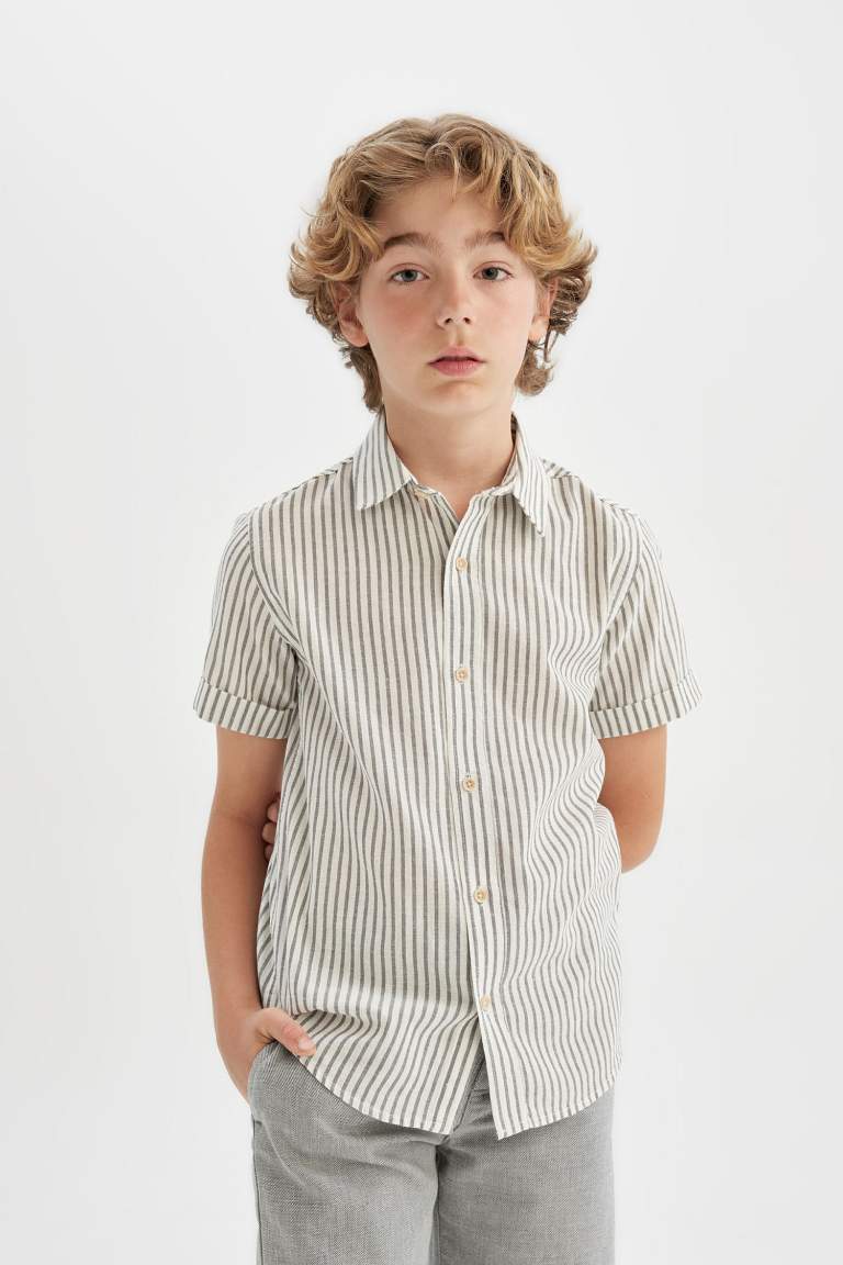 Boy's Regular Fit Polo Neck Linen Blend Shirt