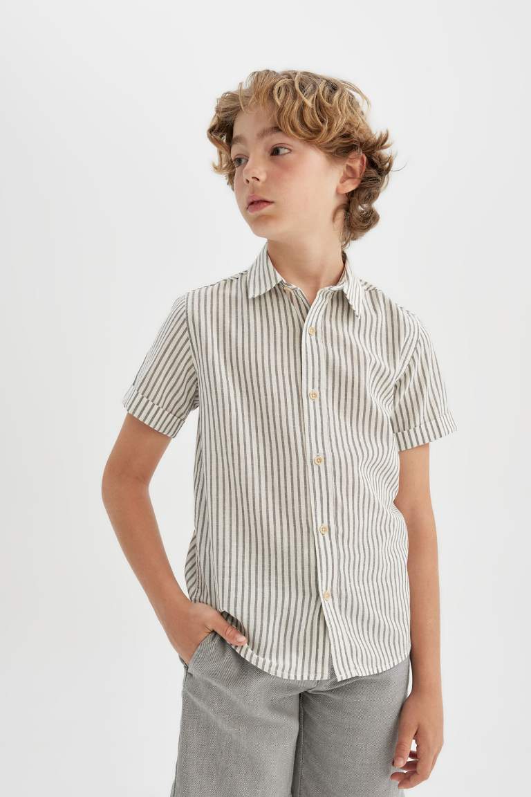 Boy's Regular Fit Polo Neck Linen Blend Shirt