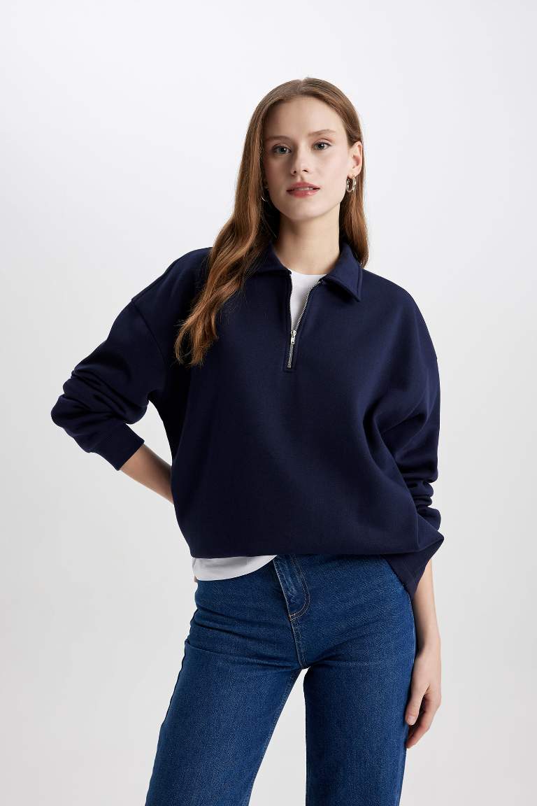 Relax Fit Fermuarlı Dik Yaka Basic Düz Kalın Sweatshirt