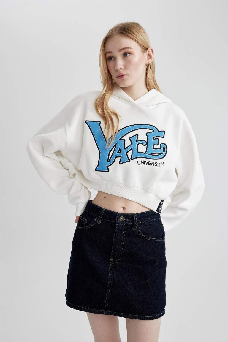 Yale University Oversize Fit Hooded Crop Sweatshirt