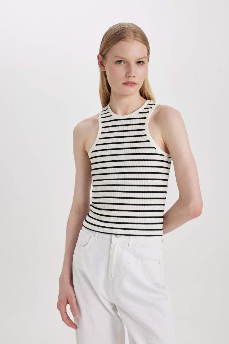 Slim Fit Striped Camisole Halter Collar Sleeveless Tank Top