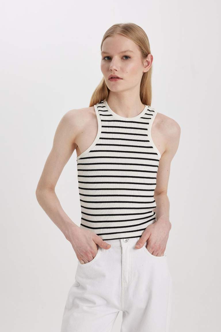 Slim Fit Striped Camisole Halter Collar Sleeveless Tank Top