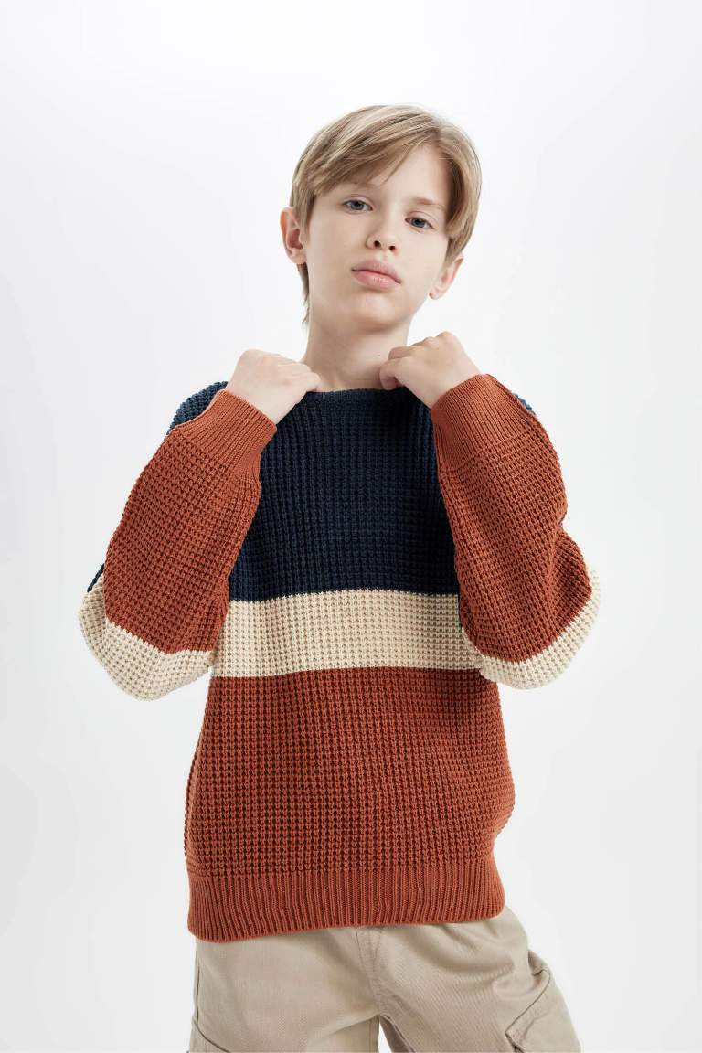 Boy Regular Fit Crew Neck Color Block Knitted Pullover