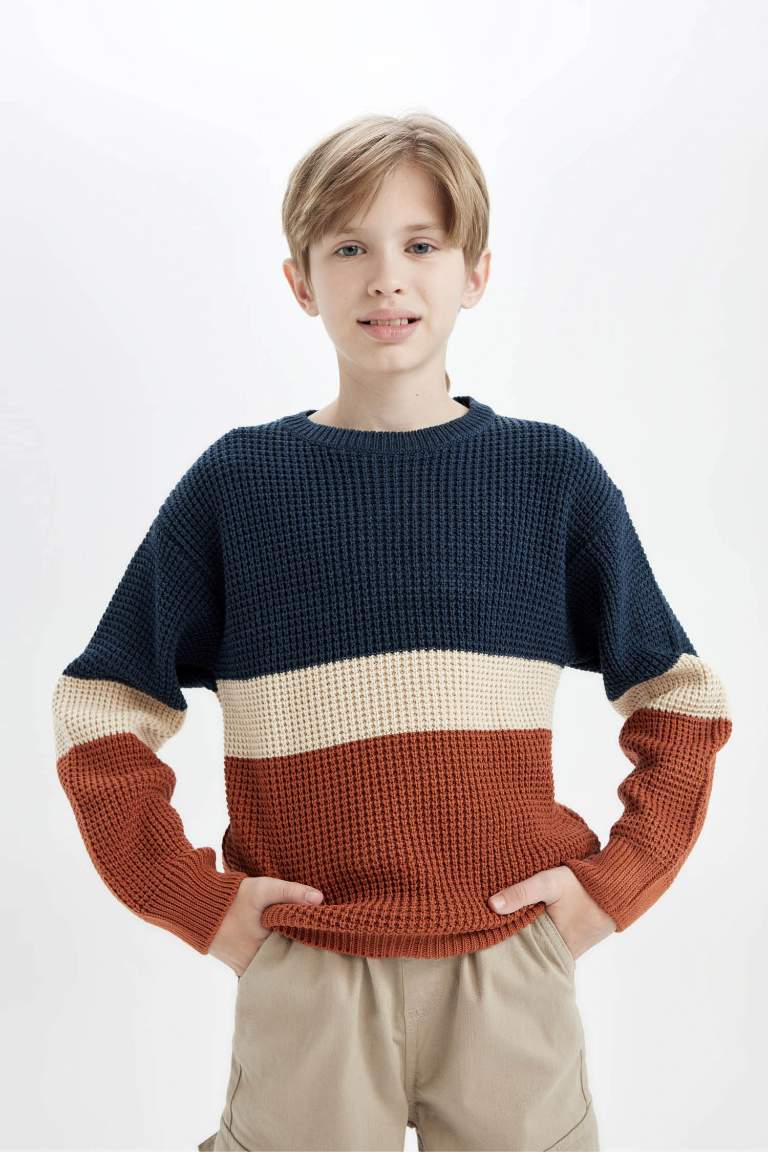 Boy Regular Fit Crew Neck Color Block Knitted Pullover