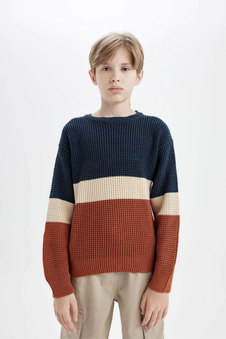 Boy Regular Fit Crew Neck Color Block Knitted Pullover