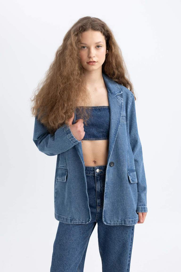 Oversize Geniş Kalıp Düğmeli Jean Blazer Ceket