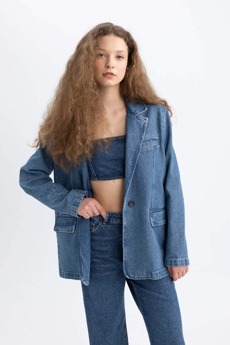 Oversize Geniş Kalıp Düğmeli Jean Blazer Ceket