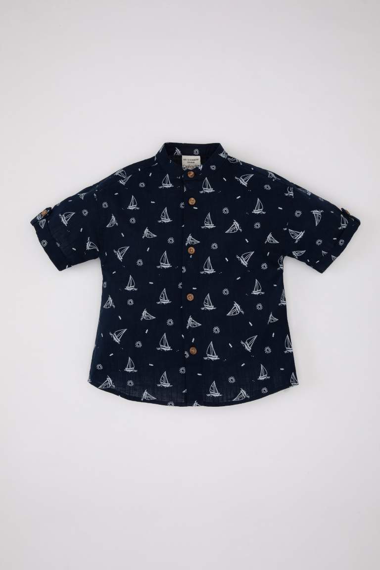 Baby Boy Shirt Collar Flamed Poplin Short Sleeve Shirt