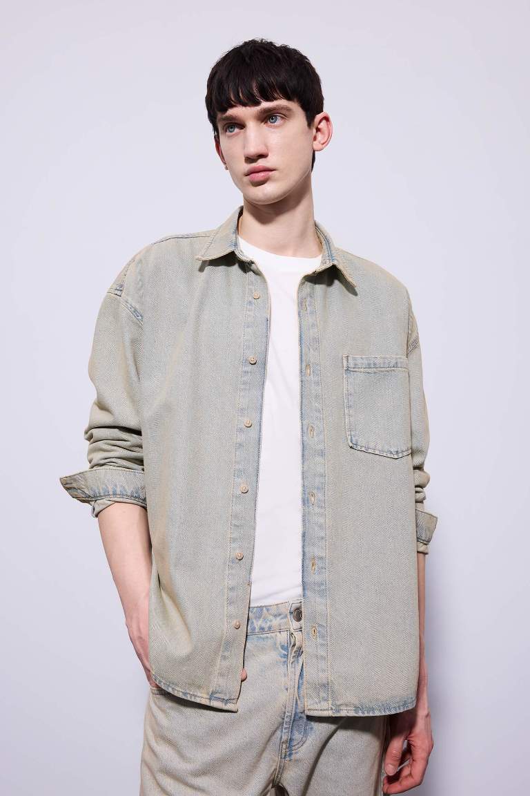 Chemise en Jean Oversize à Manches Longues à effet décoloré