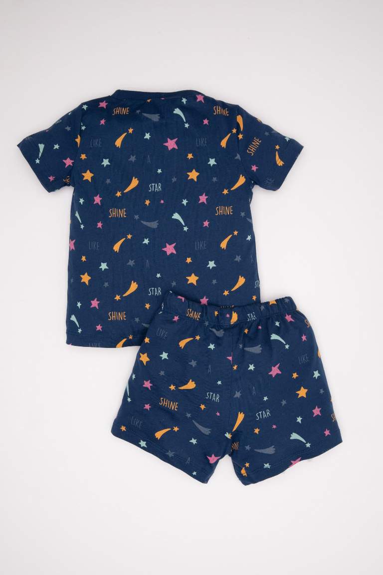 Kız Bebek Penye Pijama Takımı Yıldız Desenli Karanlıkta Parlayan Kısa Kollu Üst Şort