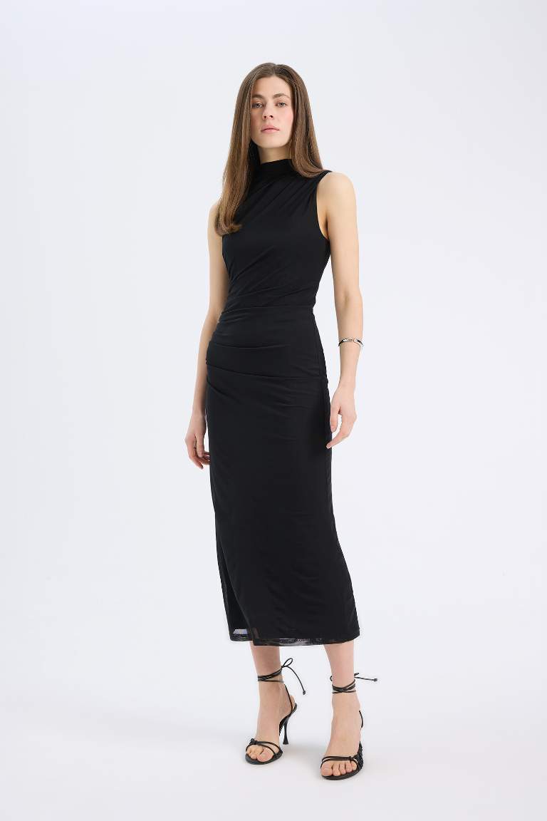 Bodycon Half Turtleneck Tulle Sleeveless Maxi Dress