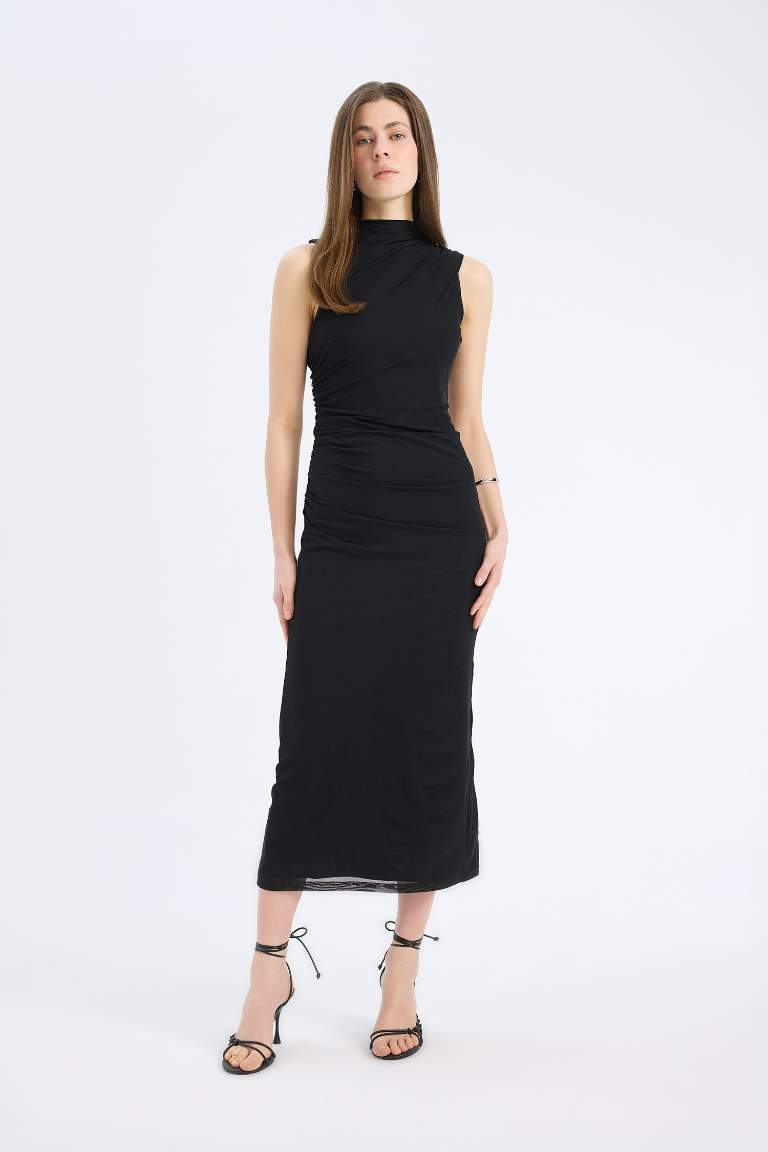 Bodycon Half Turtleneck Tulle Sleeveless Maxi Dress