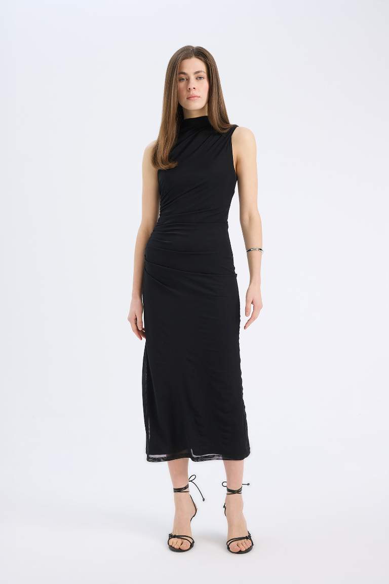 Bodycon Half Turtleneck Tulle Sleeveless Maxi Dress