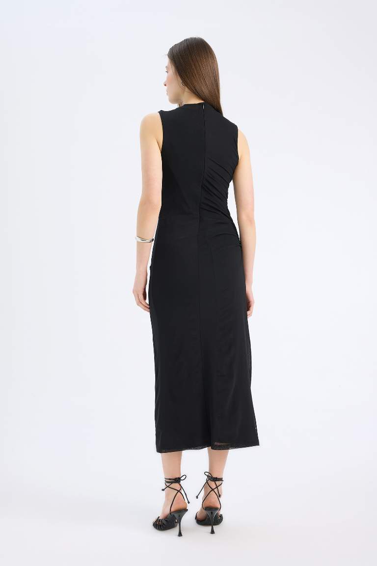 Bodycon Half Turtleneck Tulle Sleeveless Maxi Dress