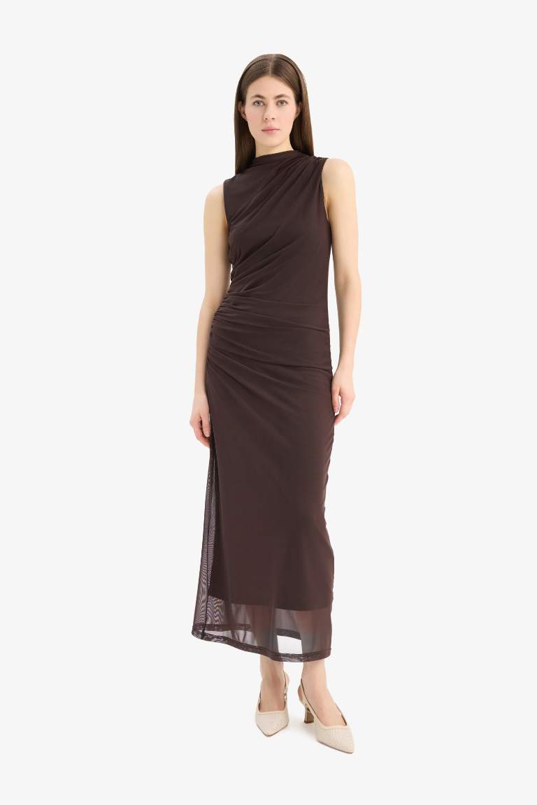 Bodycon Half Turtleneck Tulle Sleeveless Maxi Dress