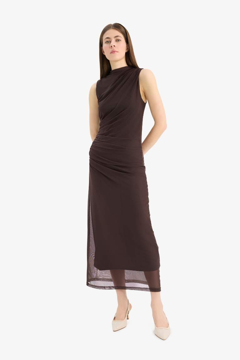 Bodycon Half Turtleneck Tulle Sleeveless Maxi Dress