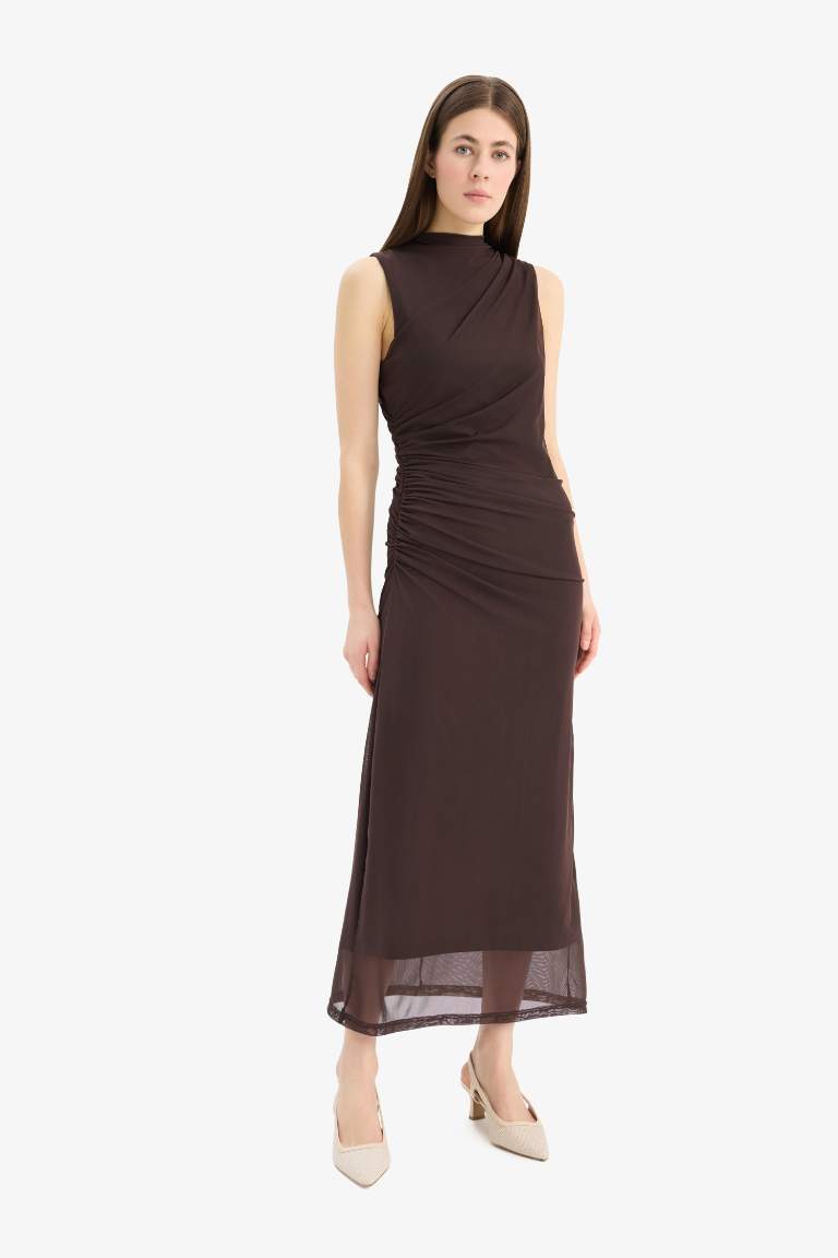 Bodycon Half Turtleneck Tulle Sleeveless Maxi Dress