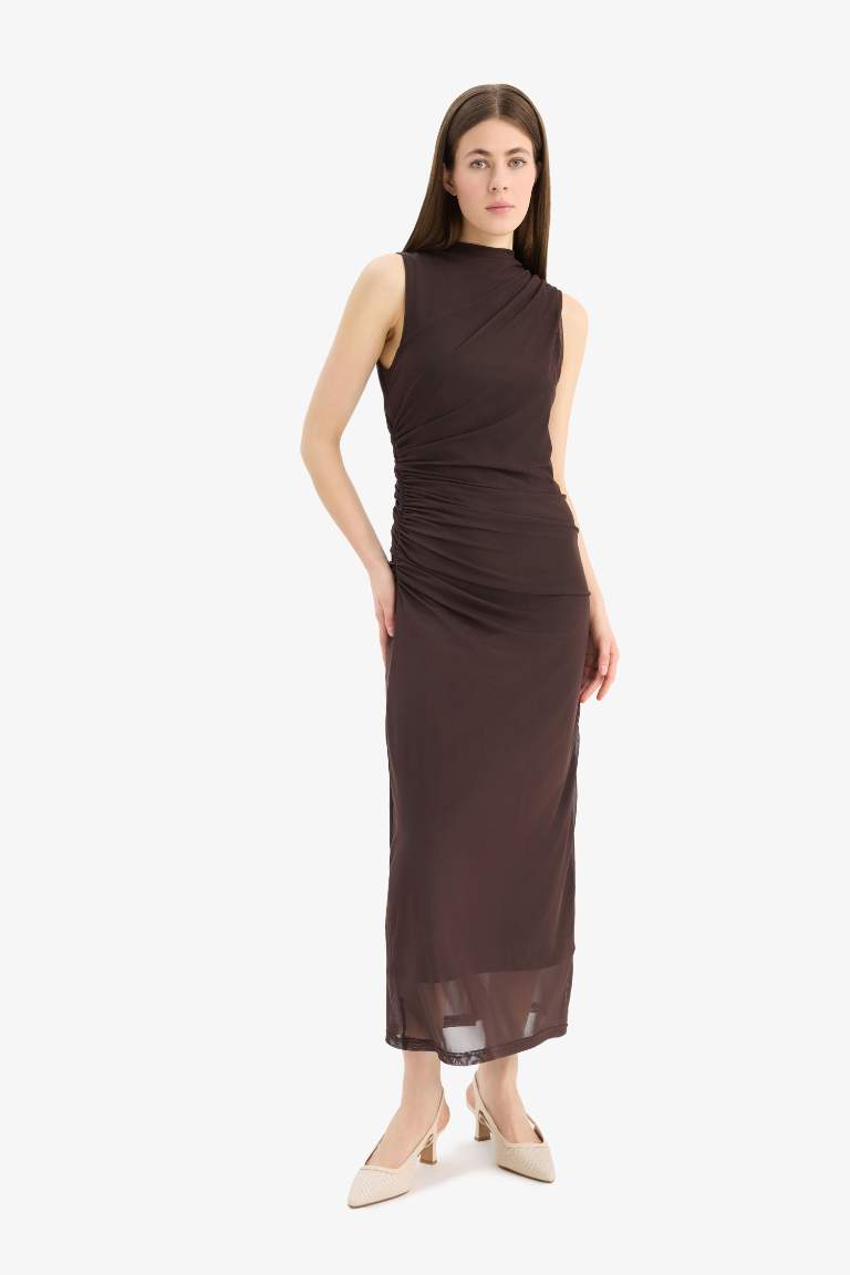 Bodycon Half Turtleneck Tulle Sleeveless Maxi Dress