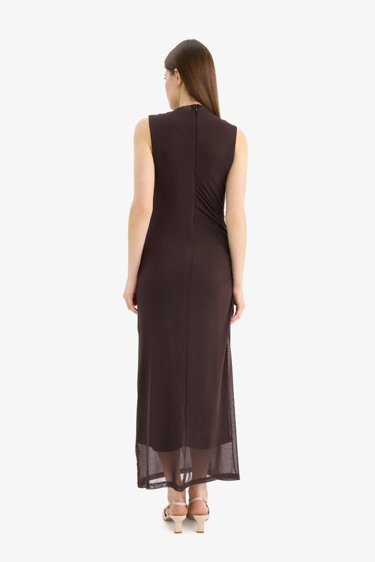 Bodycon Half Turtleneck Tulle Sleeveless Maxi Dress