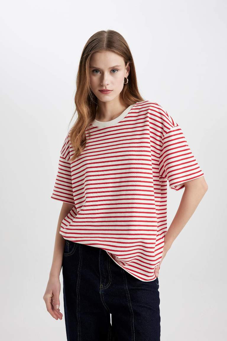 Oversize Fit Crew Neck Striped Cotton T-Shirt