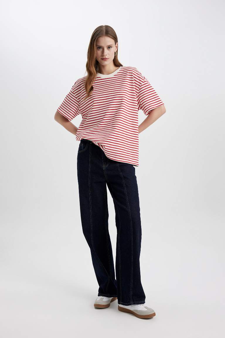 Oversize Fit Crew Neck Striped Cotton T-Shirt