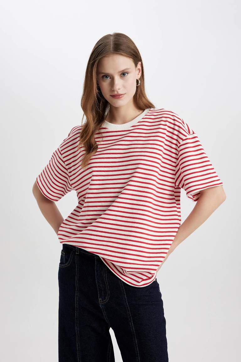 Oversize Fit Crew Neck Striped Cotton T-Shirt