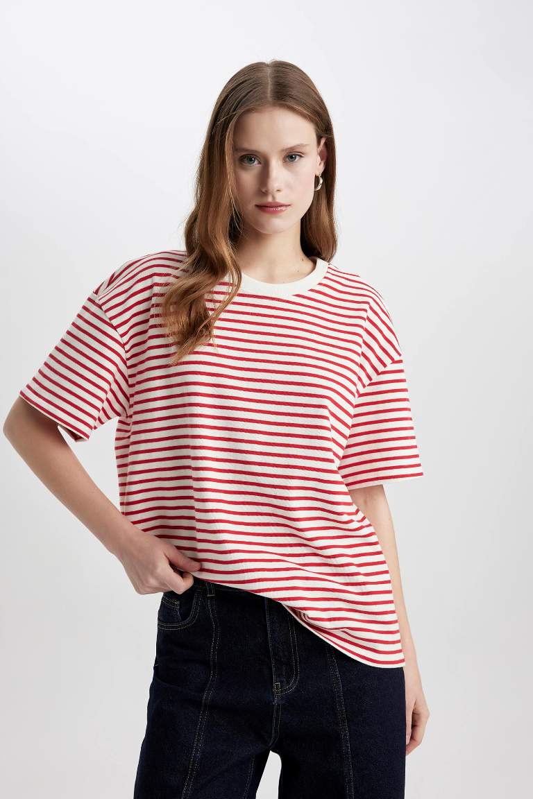 Oversize Fit Crew Neck Striped Cotton T-Shirt