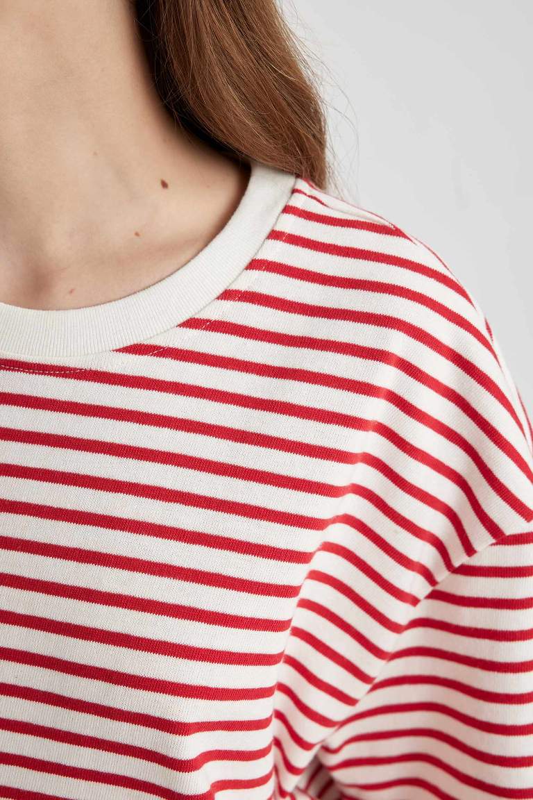 Oversize Fit Crew Neck Striped Cotton T-Shirt