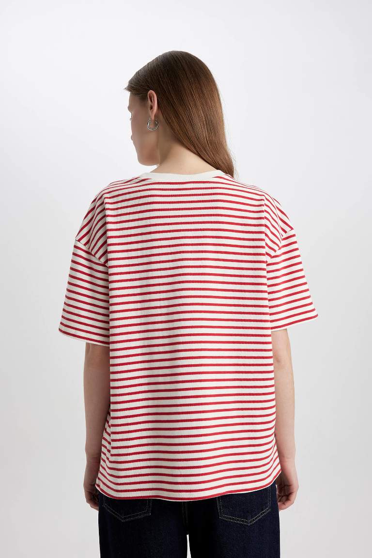 Oversize Fit Crew Neck Striped Cotton T-Shirt