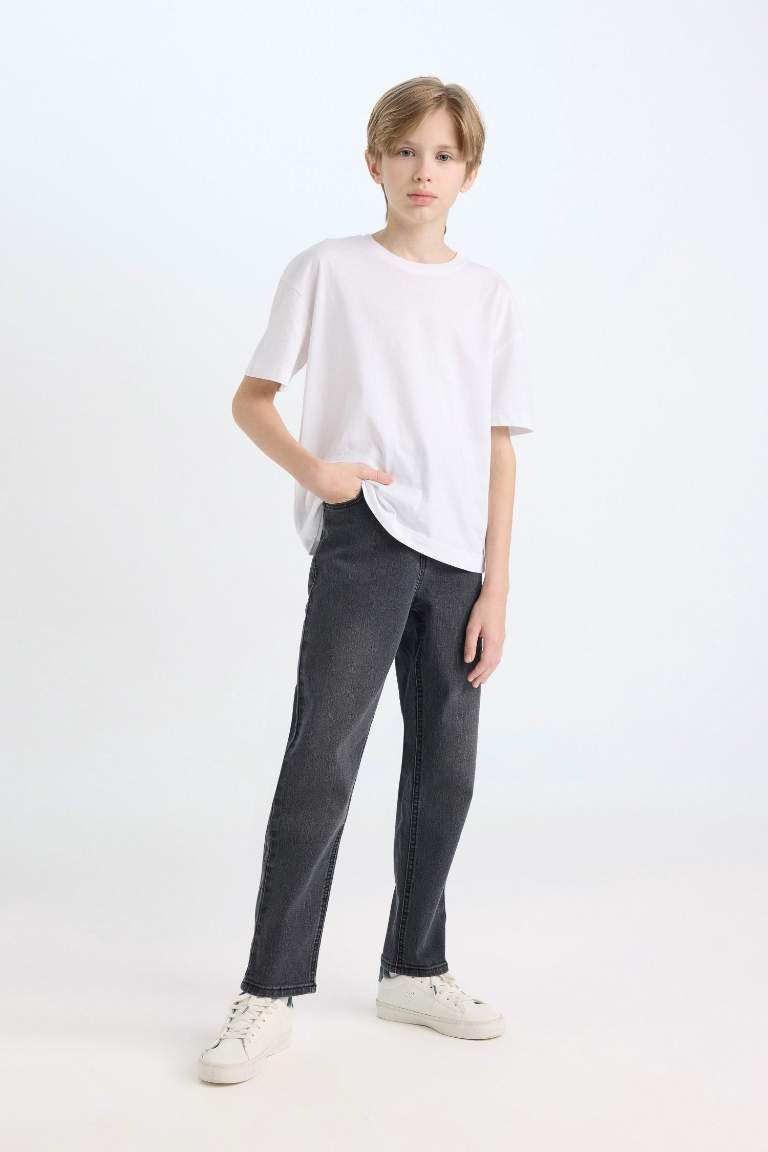 Erkek Çocuk Loose Fit Düz Paça Cepli Basic Düz Jean Pantolon