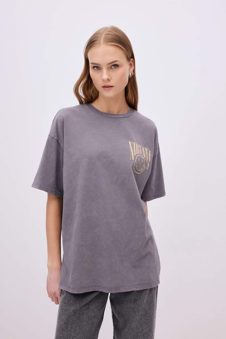 Nirvana Oversize Fit Crew Neck Washed Faded Effect T-Shirt