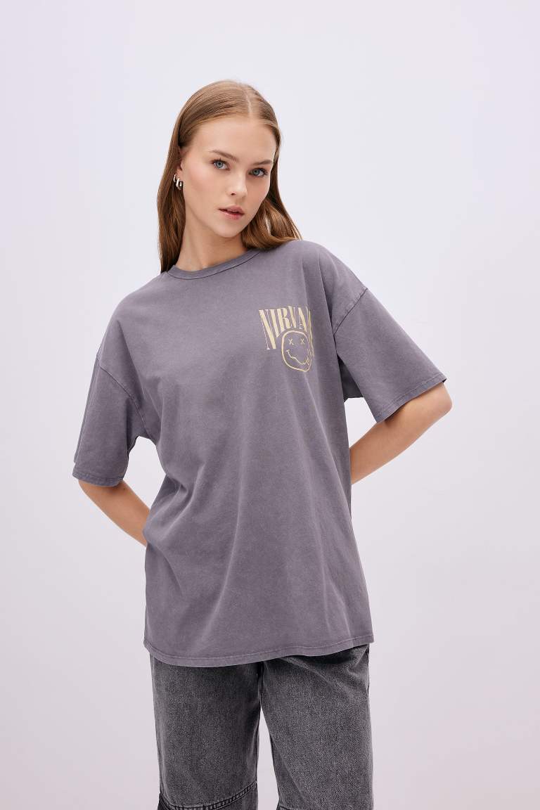 Nirvana Oversize Fit Crew Neck Washed Faded Effect T-Shirt