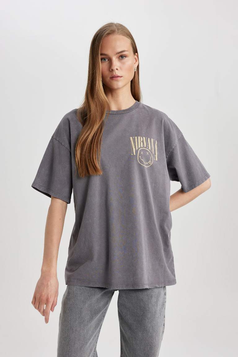 Nirvana Oversize Fit Crew Neck Washed Faded Effect T-Shirt