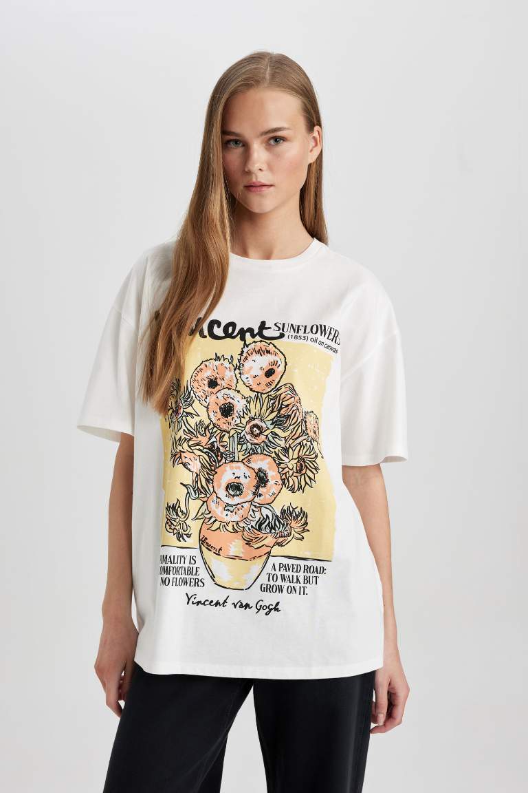 T-Shirt Oversize à Manches Courtes Col Rond avec Impression Van Gogh